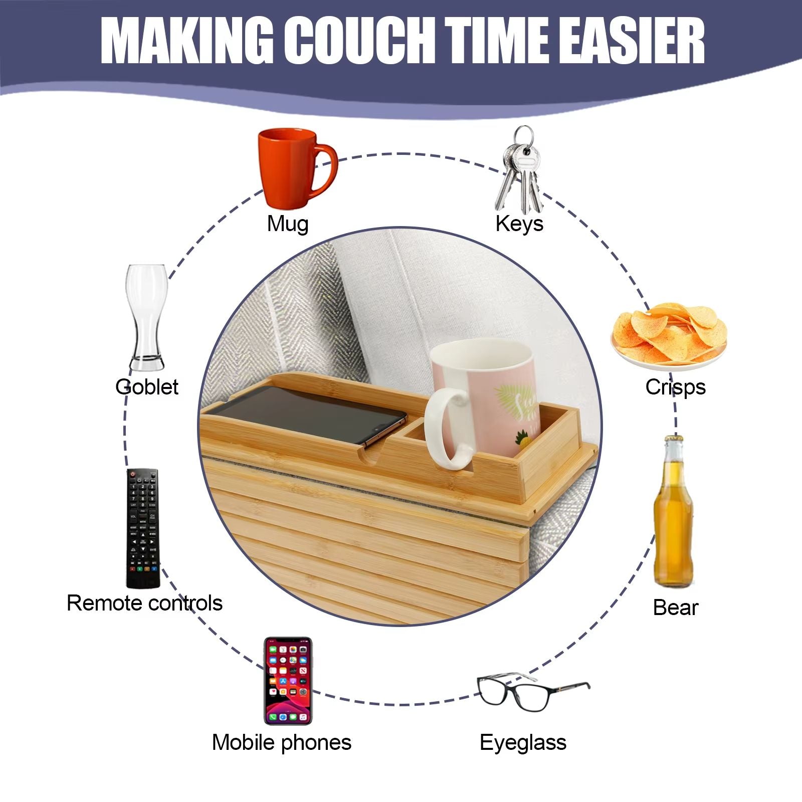 Bamboo Sofa Armrest Tray  Foldable Couch Cup Holder With AntiSlip Design And Side Storage 5