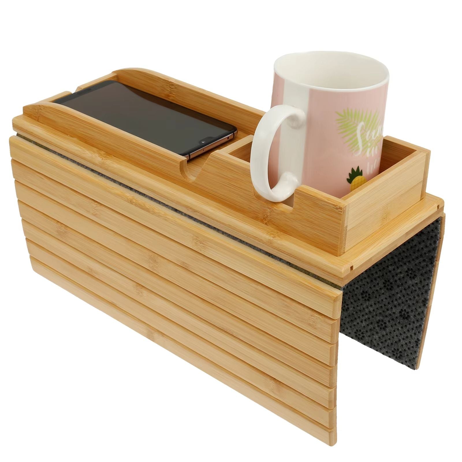 Bamboo Sofa Armrest Tray  Foldable Couch Cup Holder With AntiSlip Design And Side Storage 7
