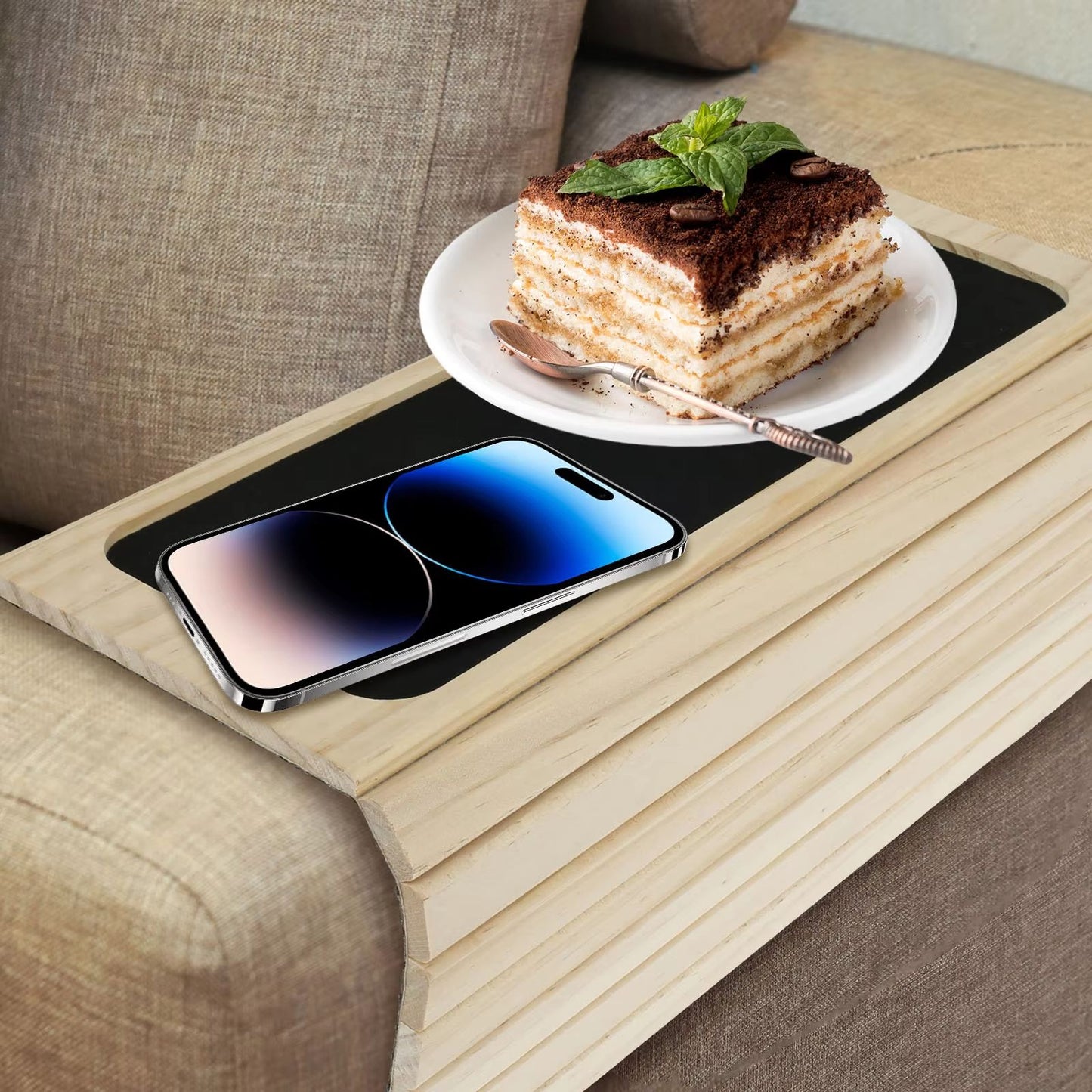Bamboo Sofa Armrest Tray  Foldable Couch Cup Holder With AntiSlip Design And Side Storage 8