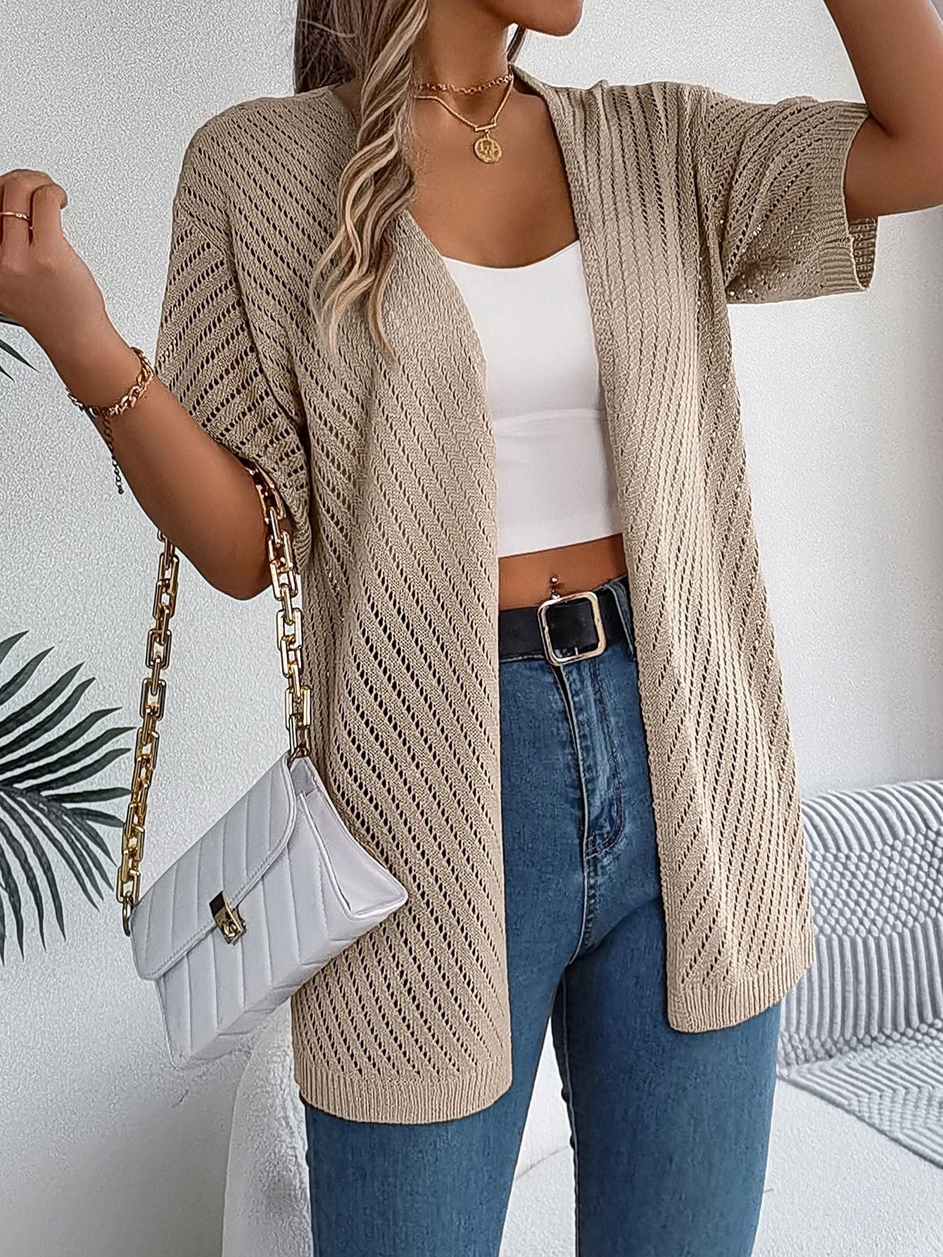 Spring Summer Knitted Cardigan Casual Solid Color Hollow Out Tops For Women 2