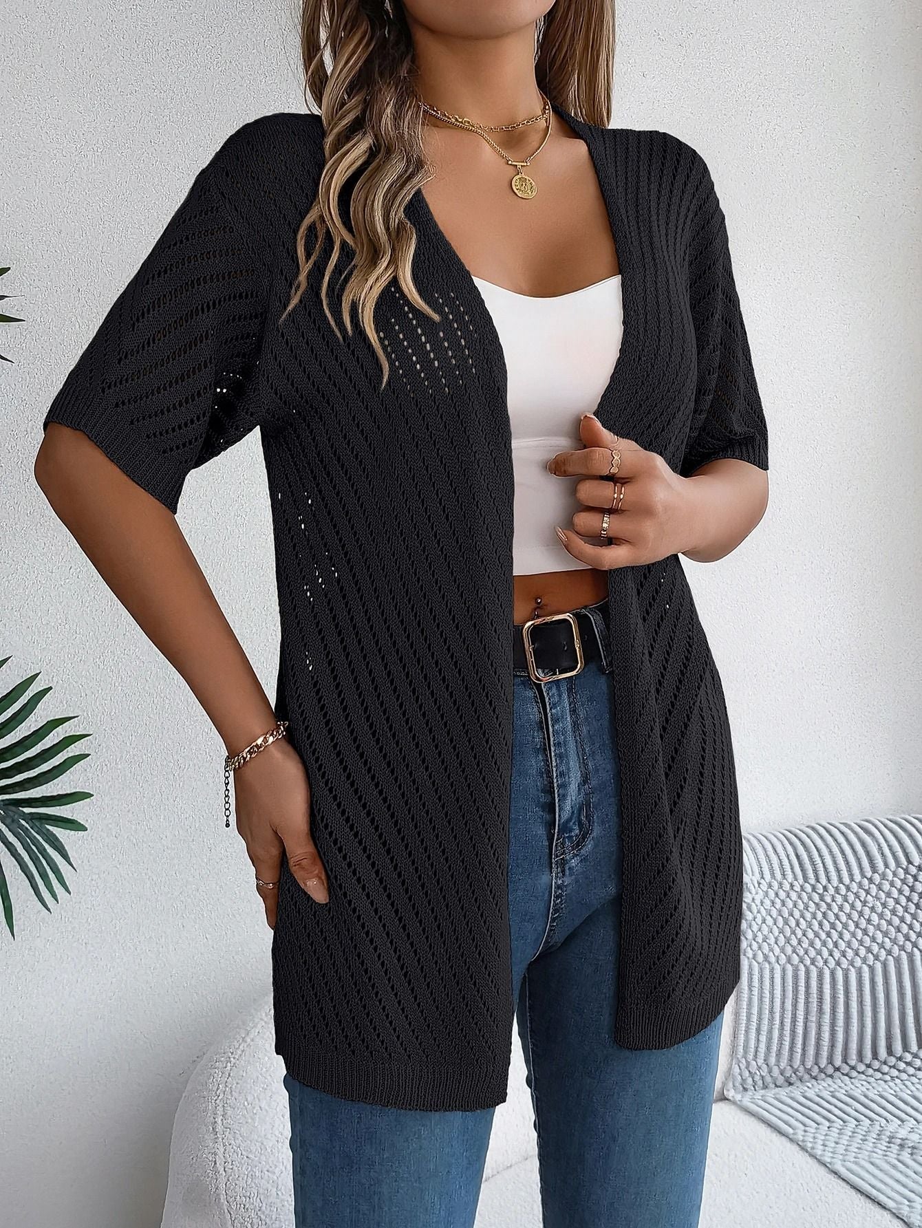 Spring Summer Knitted Cardigan Casual Solid Color Hollow Out Tops For Women 3