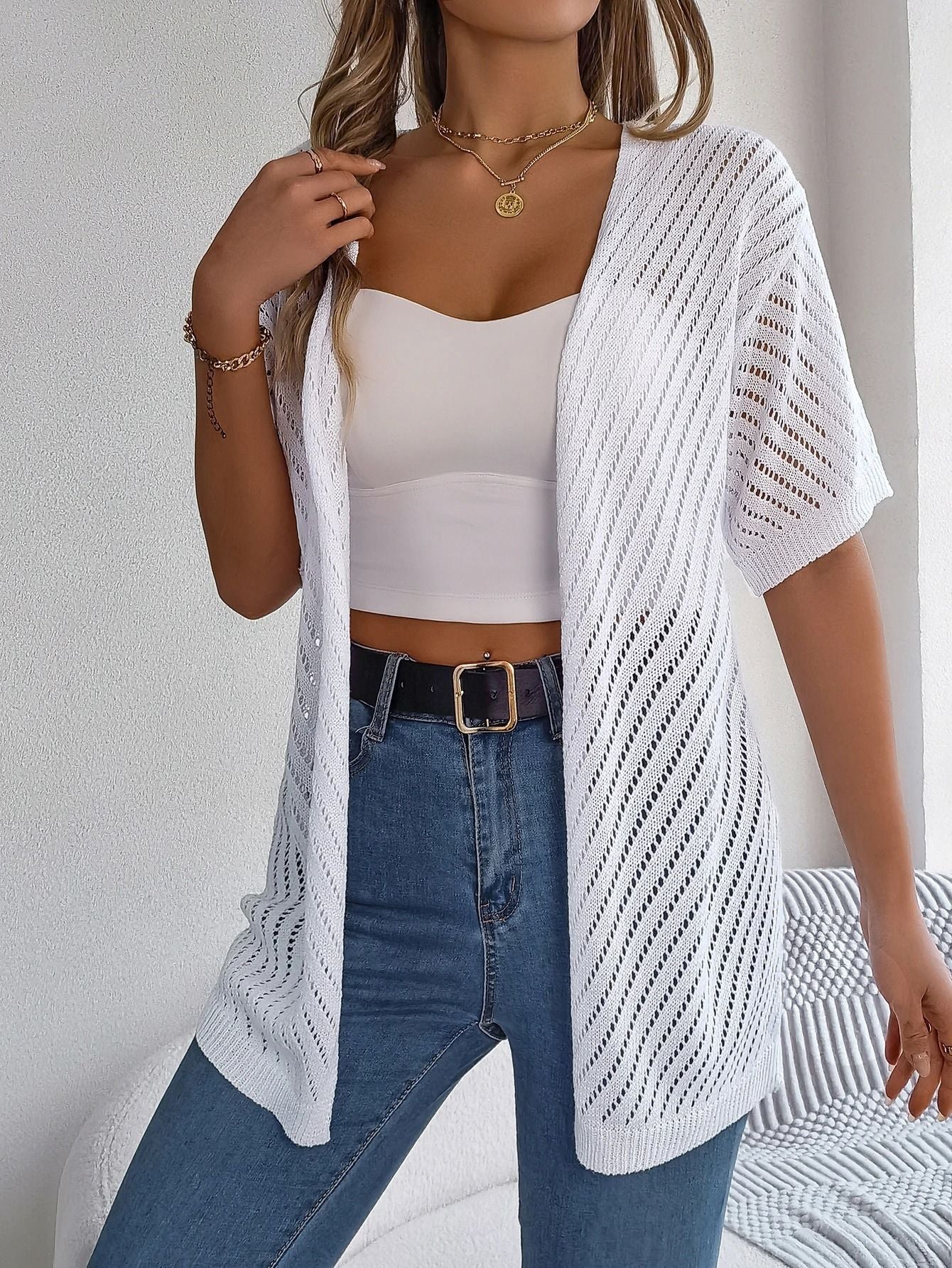 Spring Summer Knitted Cardigan Casual Solid Color Hollow Out Tops For Women 4