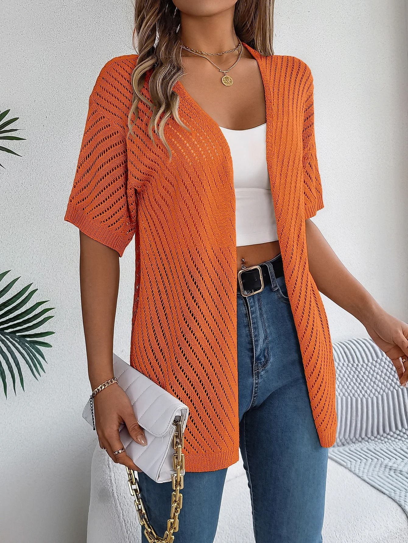 Spring Summer Knitted Cardigan Casual Solid Color Hollow Out Tops For Women 5