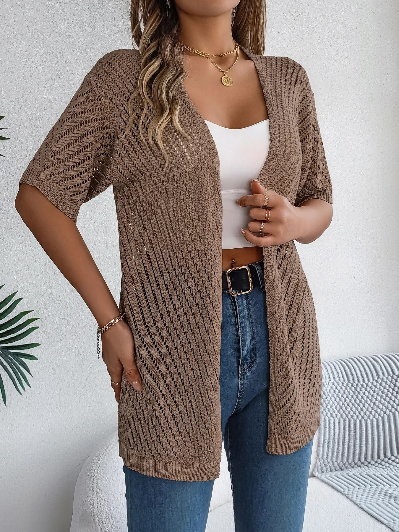 Spring Summer Knitted Cardigan Casual Solid Color Hollow Out Tops For Women 9
