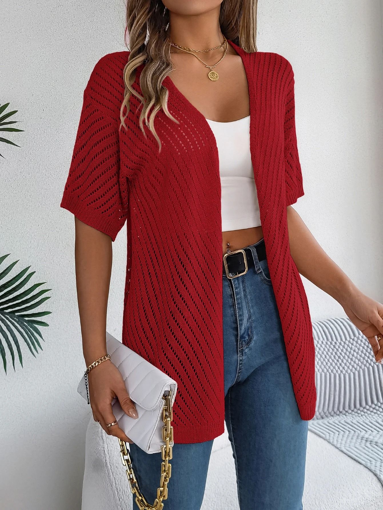 Spring Summer Knitted Cardigan Casual Solid Color Hollow Out Tops For Women 12