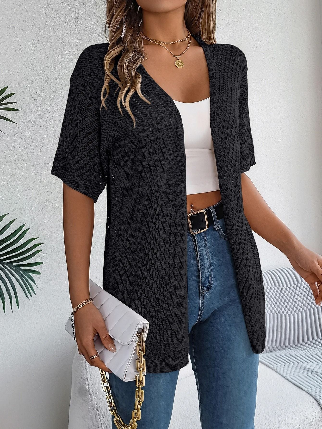 Spring Summer Knitted Cardigan Casual Solid Color Hollow Out Tops For Women 7