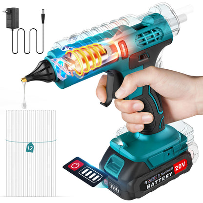 100W Cordless Hot Glue Gun Portable and Rechargeable, 20V Full Size Wireless Hot Glue Gun Battery Included