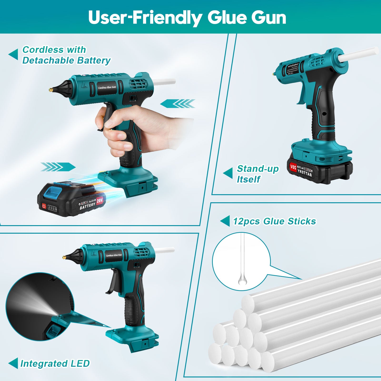 100W Cordless Hot Glue Gun Portable and Rechargeable, 20V Full Size Wireless Hot Glue Gun Battery Included