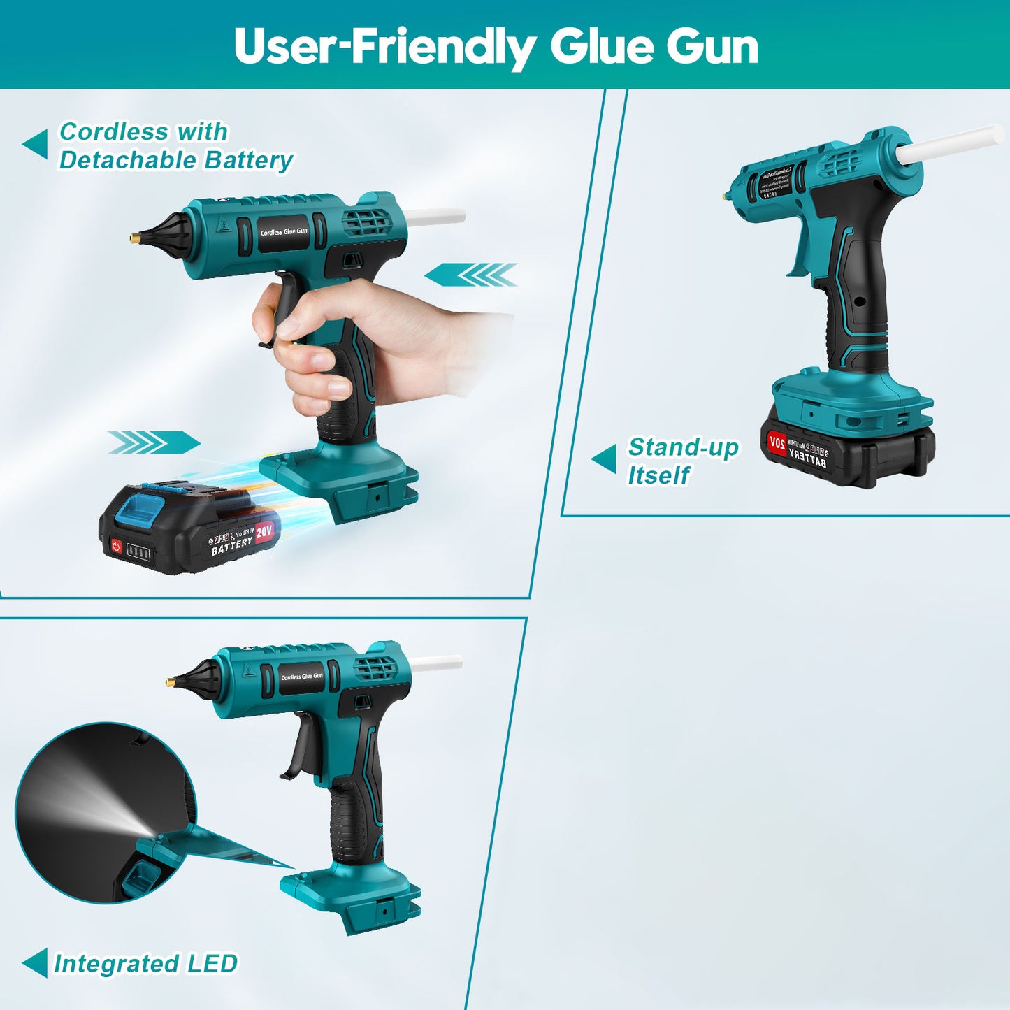 100W Cordless Hot Glue Gun Portable and Rechargeable, 20V Full Size Wireless Hot Glue Gun Battery Included