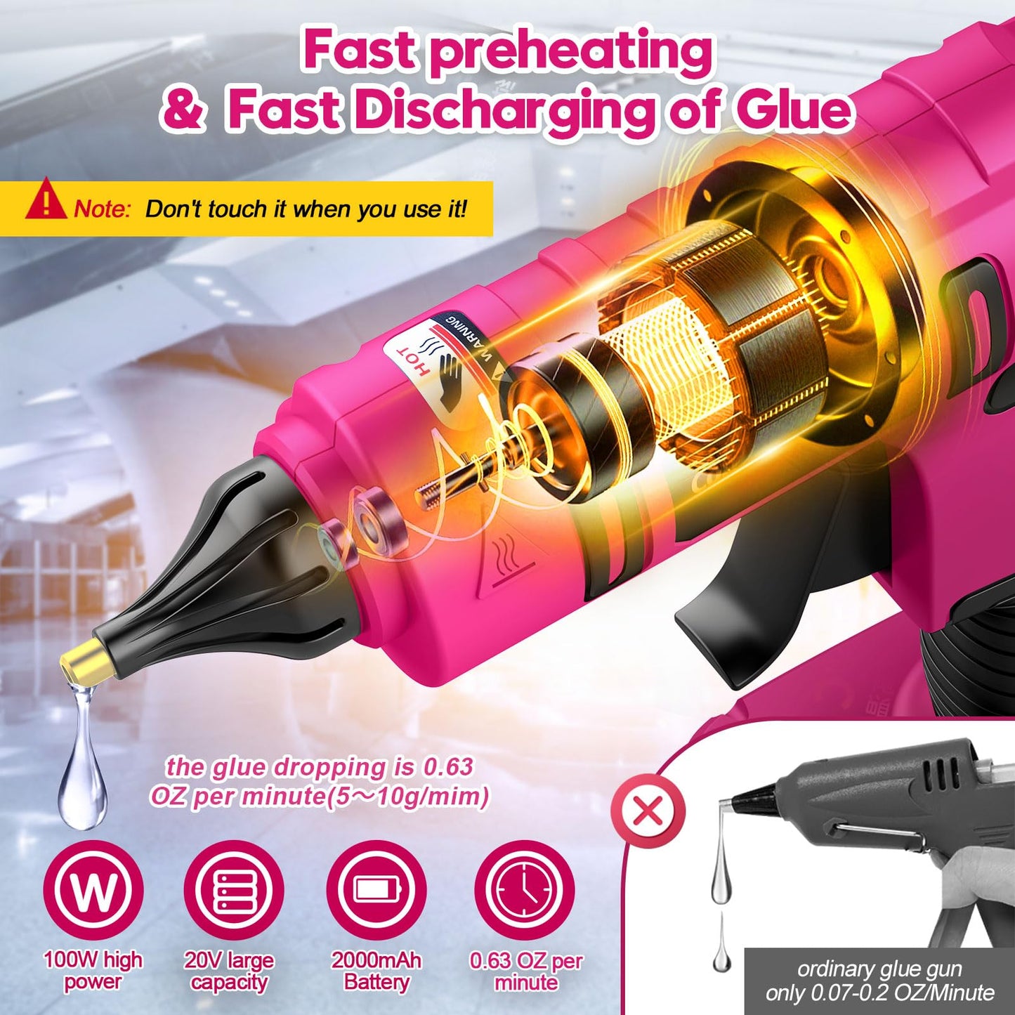 Cordless Hot Glue Gun Rechargeable, 20V Battery Powered Full Size Glue Gun, Quick 5 Min Preheat for DIY Crafts Repair