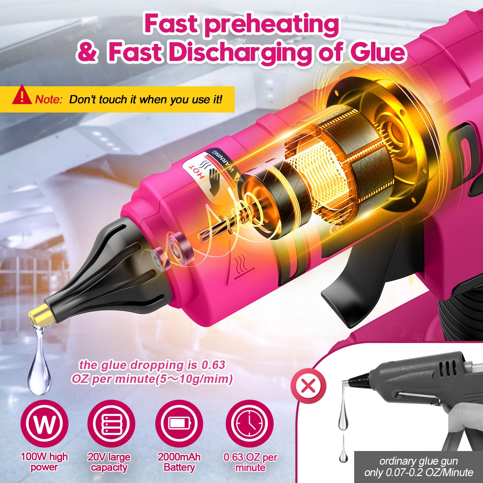 Cordless Hot Glue Gun Rechargeable, 20V Battery Powered Full Size Glue Gun, Quick 5 Min Preheat for DIY Crafts Repair