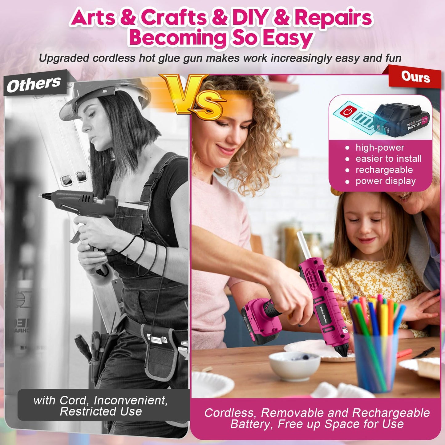 Cordless Hot Glue Gun Rechargeable, 20V Battery Powered Full Size Glue Gun, Quick 5 Min Preheat for DIY Crafts Repair