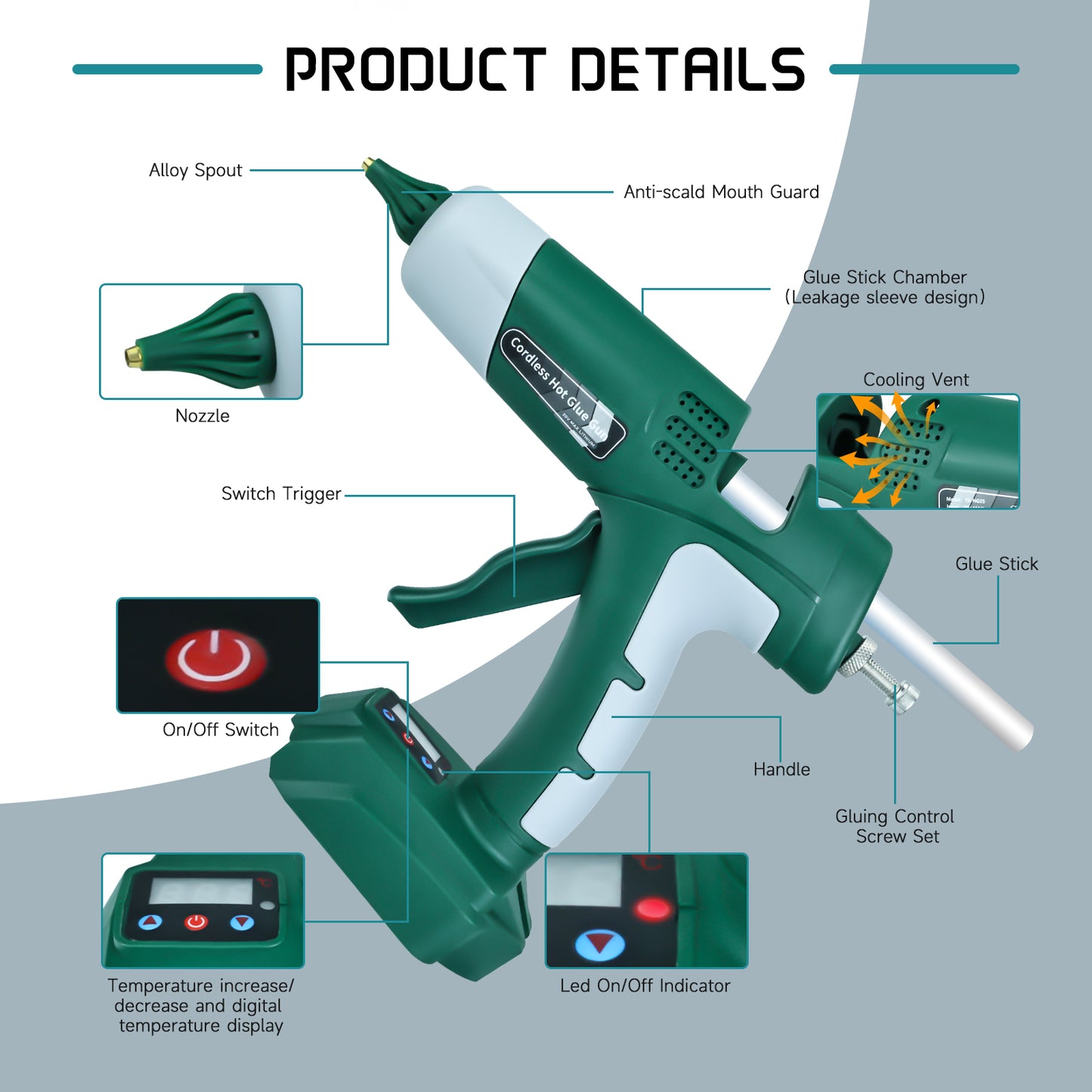 Cordless 100W Hot Glue Gun, Adjustable Temperature with 11mm Glue Sticks, For Bosch 18V Battery