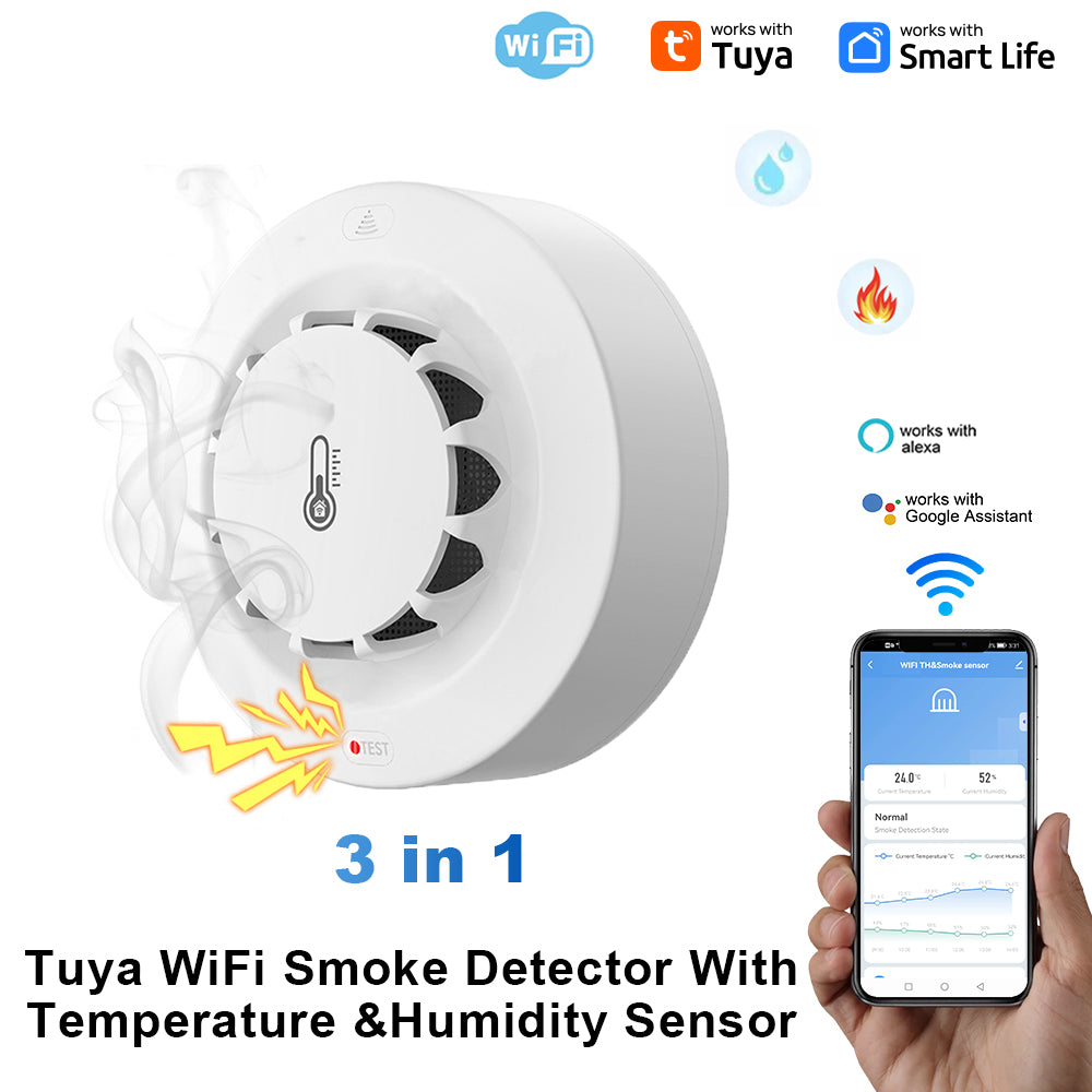 Smart Tuya Wifi BT Smoke Detector with Temperature Humidity Sensor, Loud Alarm, Remote Push Alert Fire Safety Device