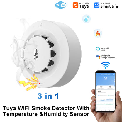 Smart Tuya Wifi BT Smoke Detector with Temperature Humidity Sensor, Loud Alarm, Remote Push Alert Fire Safety Device