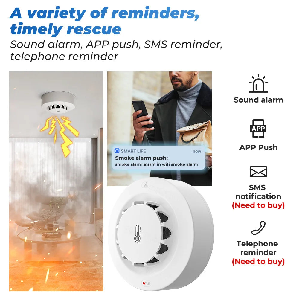 Smart Tuya Wifi BT Smoke Detector With Temperature Humidity Sensor Loud Alarm Remote Push Alert Fir 3