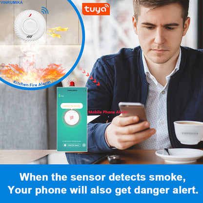 Smart WiFi Smoke Detector Tuya App Control with Lithium Battery, Fire Alarm Sensor for Kitchen Shop Parlor Room