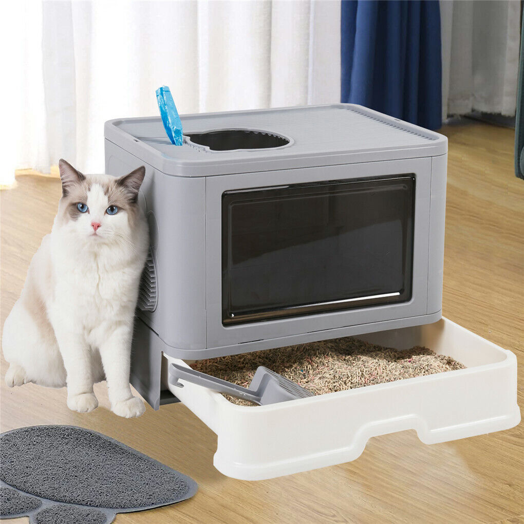 Foldable Cat Litter Box with Massager, Front Entry & Top Exit Enclosed Kitty Toilet Box with Scoop
