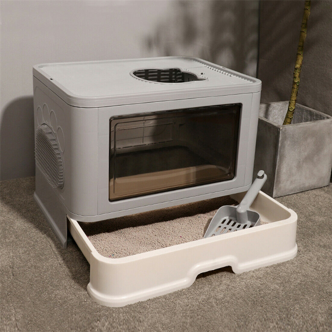 Foldable Cat Litter Box with Massager, Front Entry & Top Exit Enclosed Kitty Toilet Box with Scoop