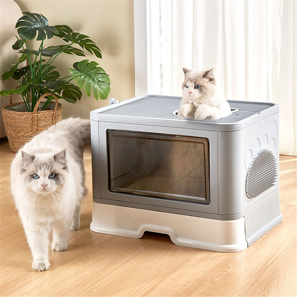 Foldable Cat Litter Box with Massager, Front Entry & Top Exit Enclosed Kitty Toilet Box with Scoop