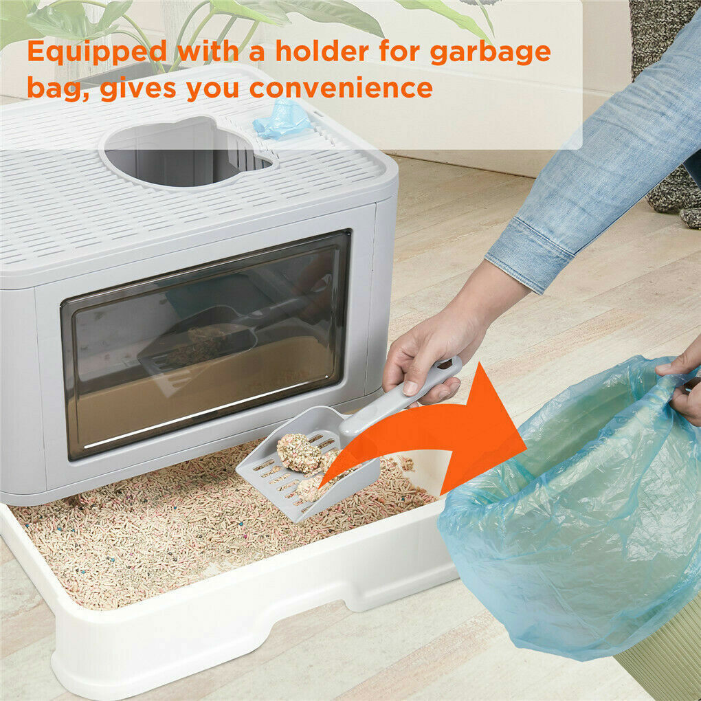 Foldable Cat Litter Box with Massager, Front Entry & Top Exit Enclosed Kitty Toilet Box with Scoop