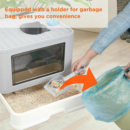 Foldable Cat Litter Box with Massager, Front Entry & Top Exit Enclosed Kitty Toilet Box with Scoop