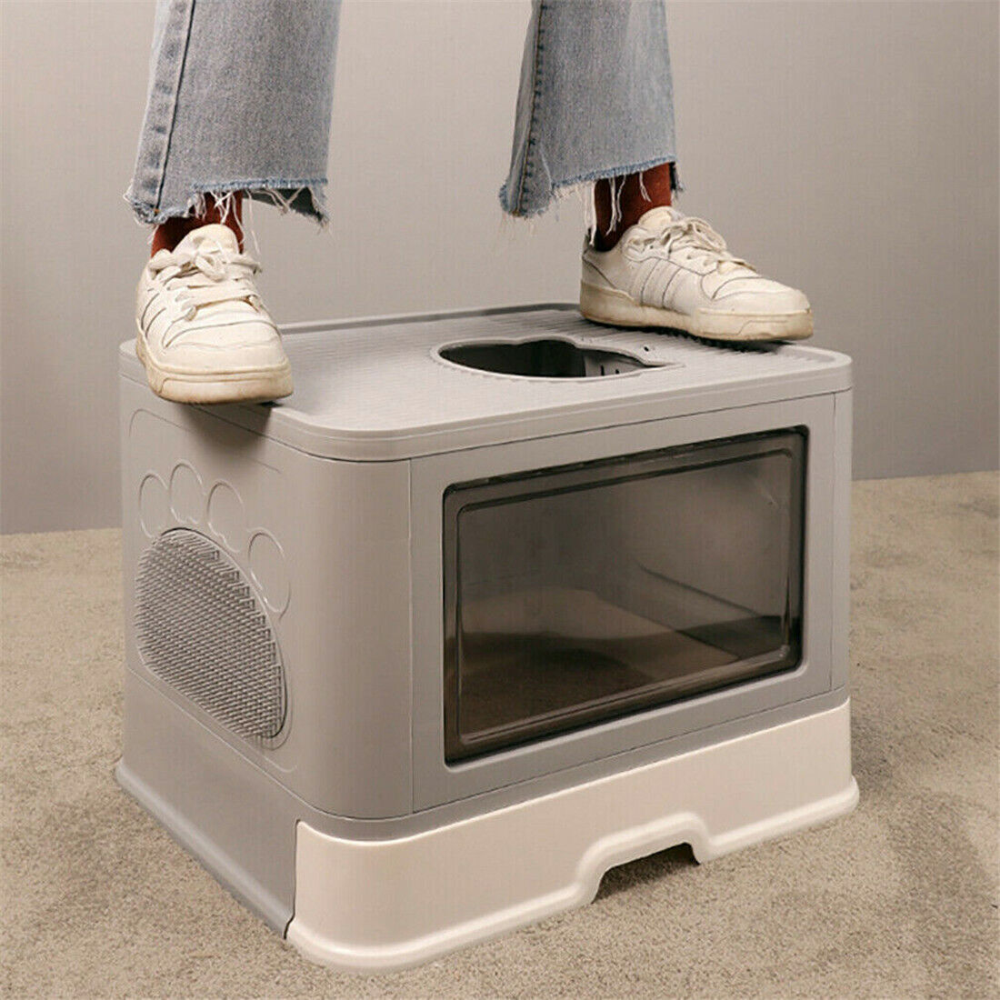 Foldable Cat Litter Box with Massager, Front Entry & Top Exit Enclosed Kitty Toilet Box with Scoop