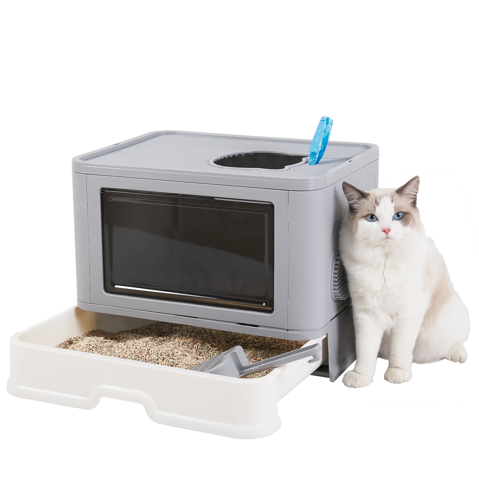 Foldable Cat Litter Box with Massager, Front Entry & Top Exit Enclosed Kitty Toilet Box with Scoop