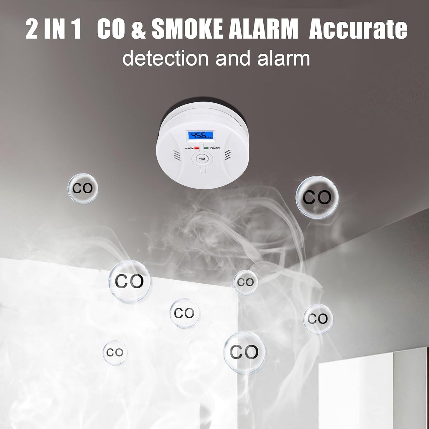 CO and Smoke Alarm Carbon Monoxide Smoke Detector, Combination CO Alarm Fire Alarm for Home Bedroom Kitchen