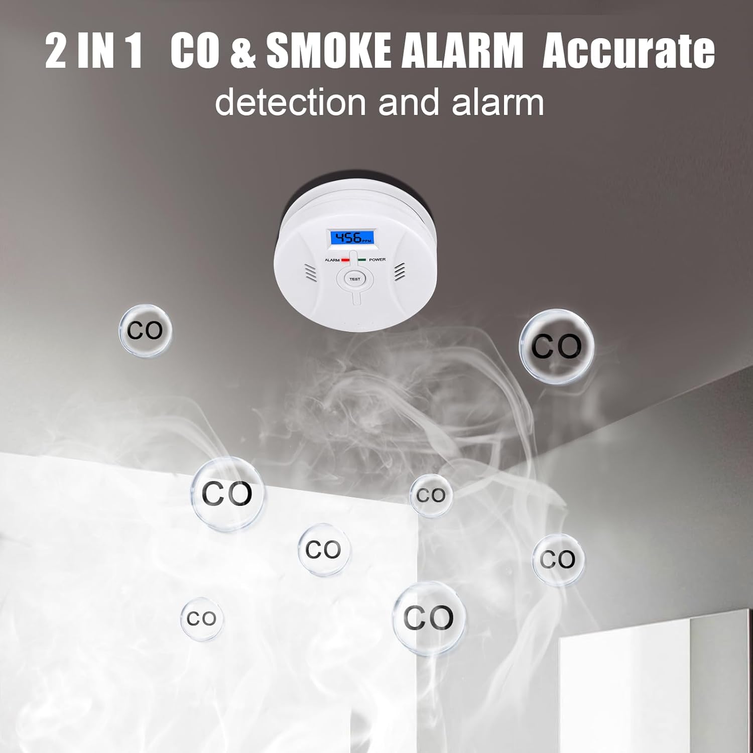 CO and Smoke Alarm Carbon Monoxide Smoke Detector, Combination CO Alarm Fire Alarm for Home Bedroom Kitchen