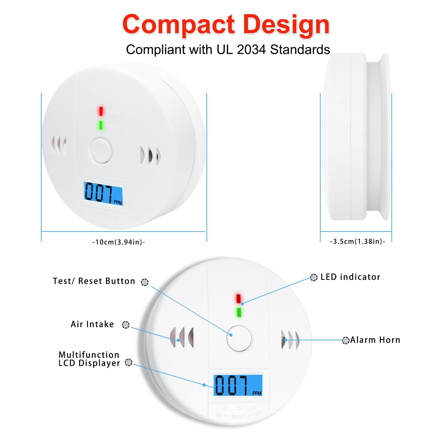 CO and Smoke Alarm Carbon Monoxide Smoke Detector, Combination CO Alarm Fire Alarm for Home Bedroom Kitchen