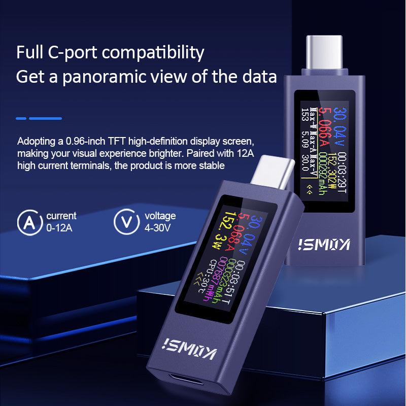 DC Power Meter Tester with Digital Display, Monitor Voltage, Current, Power & Capacity for 4-30V 12A Type-C Charging