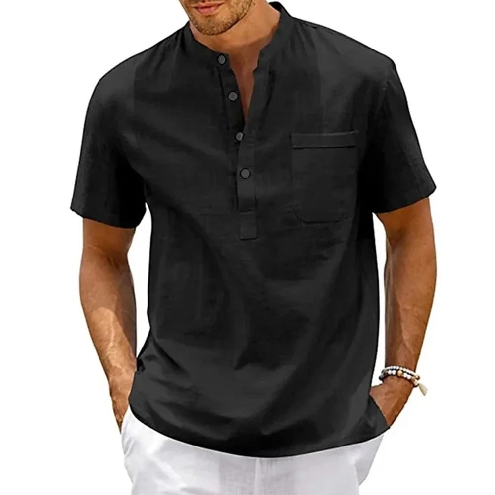 Mens Cotton Linen Henley Shirt Casual Short Sleeve 7