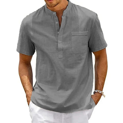 Mens Cotton Linen Henley Shirt Casual Short Sleeve 8