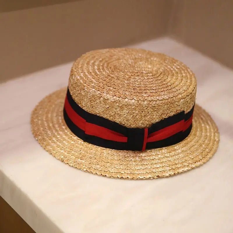 European And American Film Flat Top Hat British Striped Natural Straw Hat Casual Short Brim Flat Ea 2