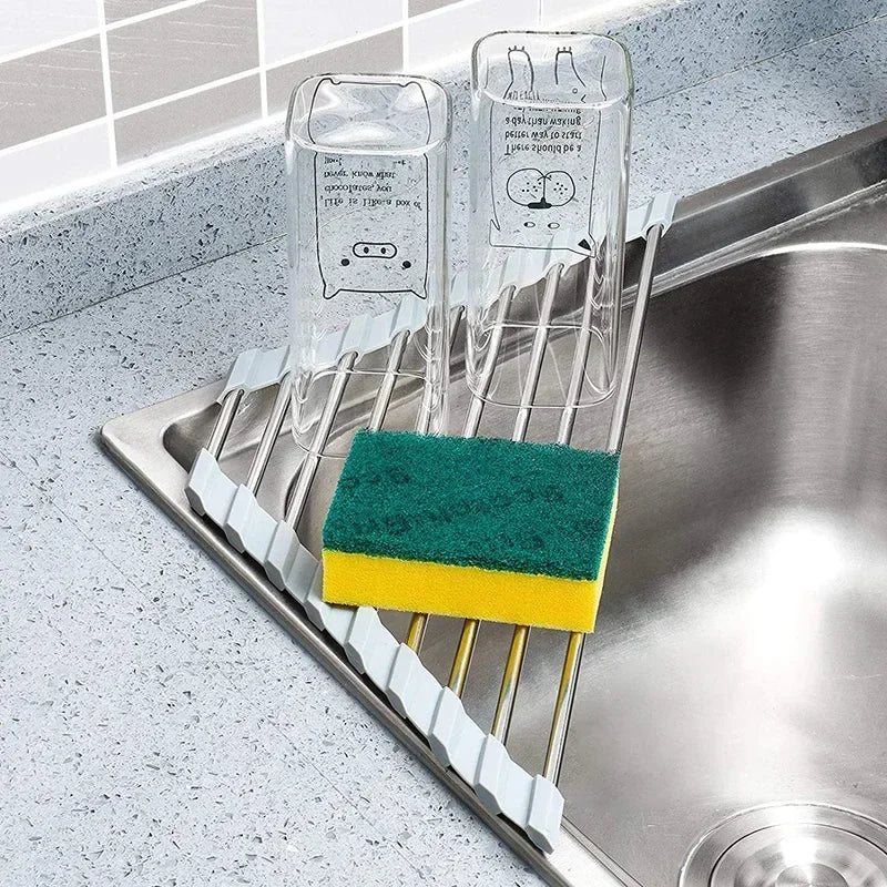 SpaceSaving Corner Sink Organizer Foldable Stainless Steel Dish Drying Rack With Sponge  Rag Holder 1