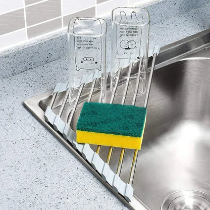 SpaceSaving Corner Sink Organizer Foldable Stainless Steel Dish Drying Rack With Sponge  Rag Holder 1