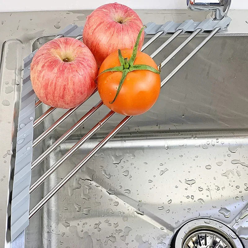 Space-Saving Corner Sink Organizer, Foldable Stainless Steel Dish Drying Rack with Sponge & Rag Holder