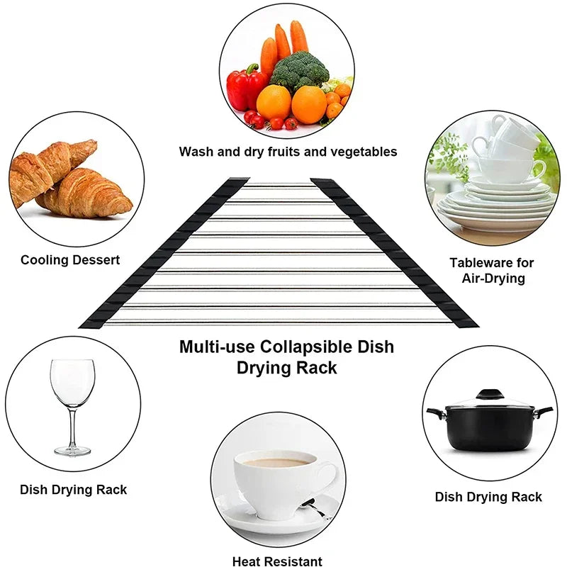 SpaceSaving Corner Sink Organizer Foldable Stainless Steel Dish Drying Rack With Sponge  Rag Holder 3