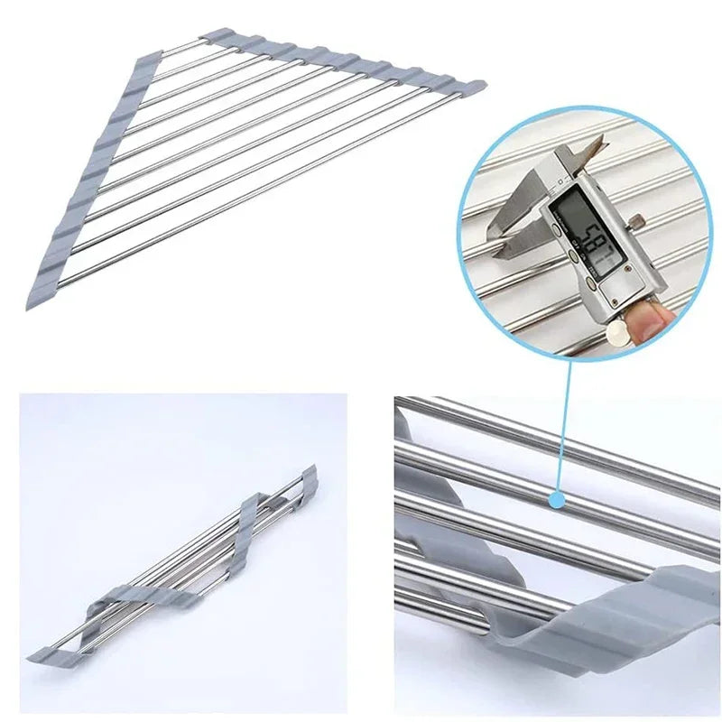 SpaceSaving Corner Sink Organizer Foldable Stainless Steel Dish Drying Rack With Sponge  Rag Holder 4