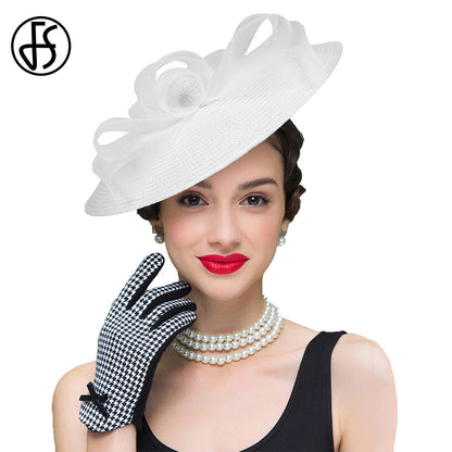 FS Summer White Champagne Straw Church Hats For Women, Wide Brim Wedding Hat, Elegant Cocktail Tea Party Fascinators