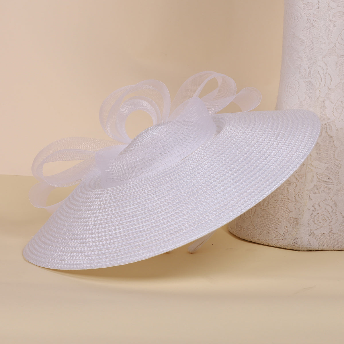 FS Summer White Champagne Straw Church Hats For Women, Wide Brim Wedding Hat, Elegant Cocktail Tea Party Fascinators