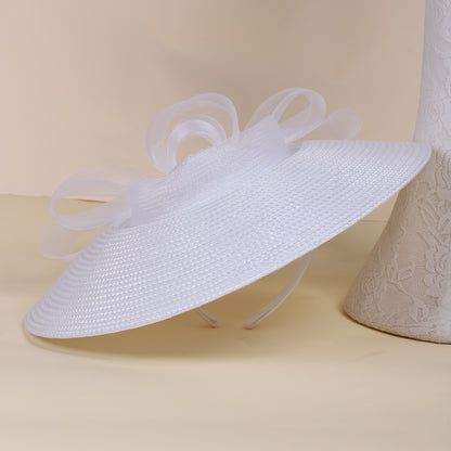 FS Summer White Champagne Straw Church Hats For Women, Wide Brim Wedding Hat, Elegant Cocktail Tea Party Fascinators