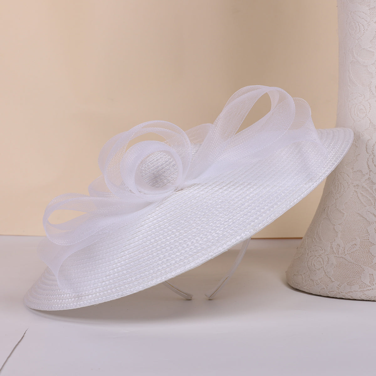 FS Summer White Champagne Straw Church Hats For Women, Wide Brim Wedding Hat, Elegant Cocktail Tea Party Fascinators