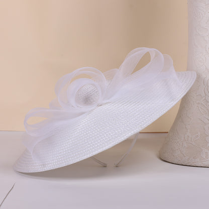 FS Summer White Champagne Straw Church Hats For Women, Wide Brim Wedding Hat, Elegant Cocktail Tea Party Fascinators