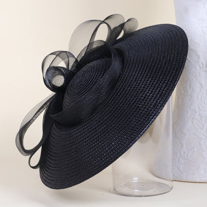 FS Summer White Champagne Straw Church Hats For Women, Wide Brim Wedding Hat, Elegant Cocktail Tea Party Fascinators