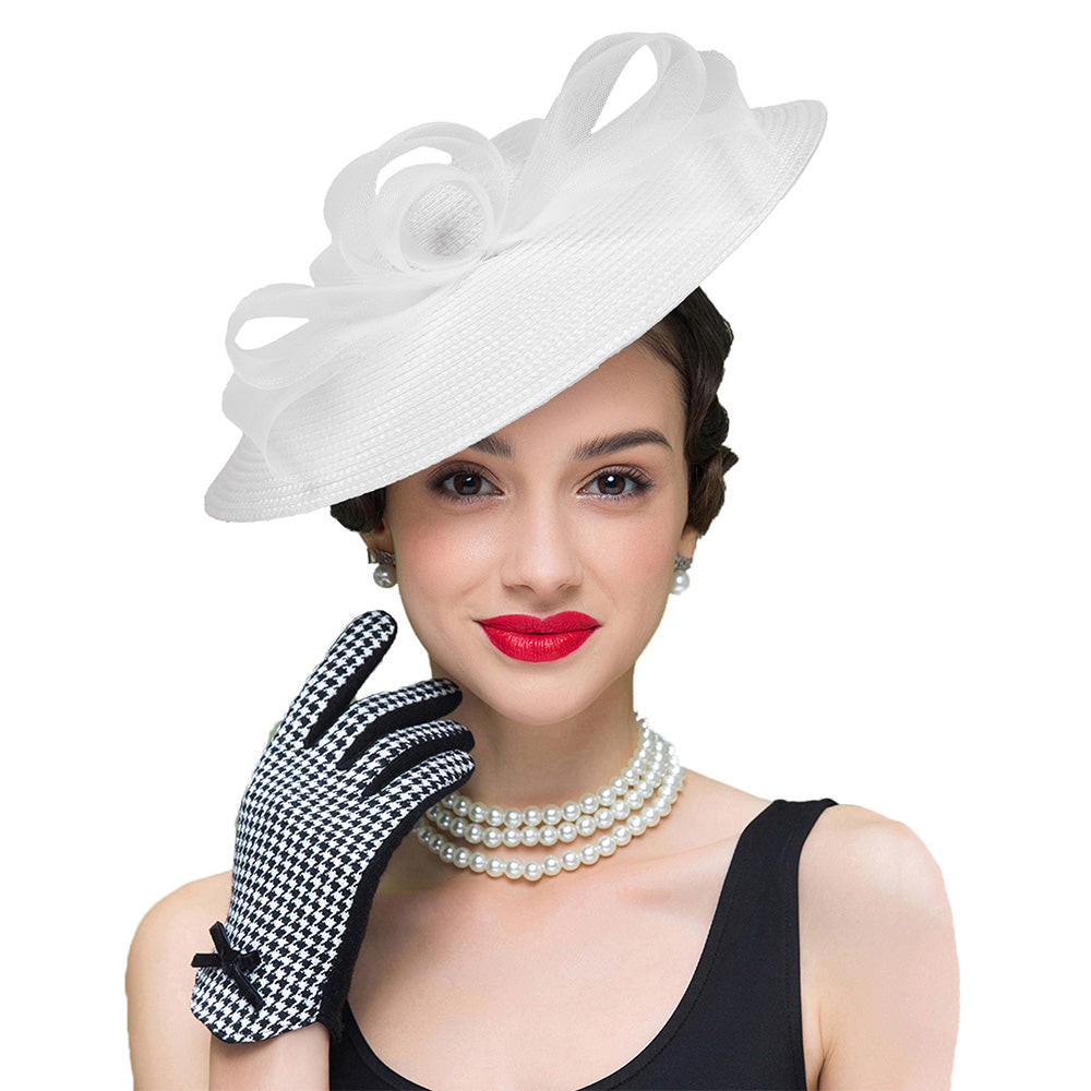 FS Summer White Champagne Straw Church Hats For Women, Wide Brim Wedding Hat, Elegant Cocktail Tea Party Fascinators