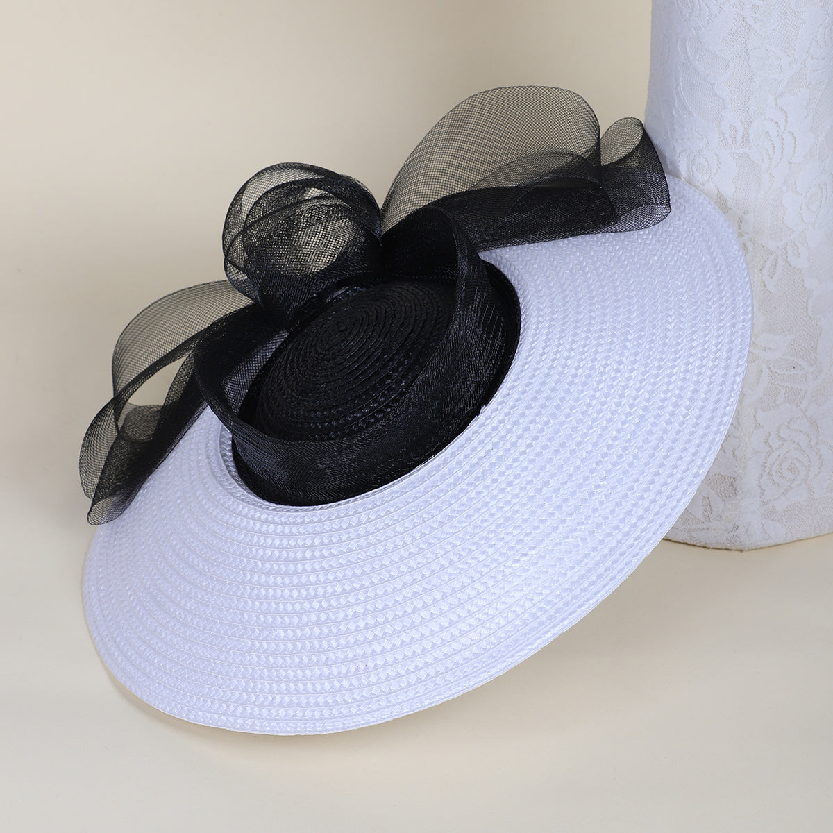 FS Summer White Champagne Straw Church Hats For Women, Wide Brim Wedding Hat, Elegant Cocktail Tea Party Fascinators