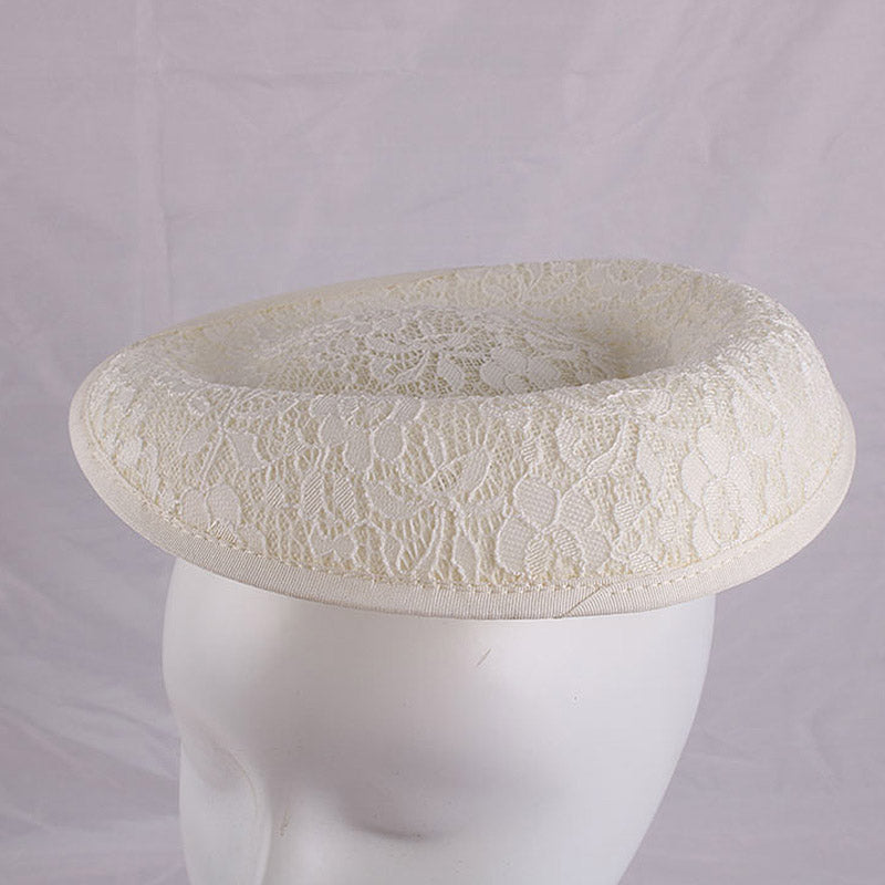 DIY Upturned Brim Hat Base Round, White Lace Fascinator Hat for Women, Saucer Linen Inspired Percher Hat for Party
