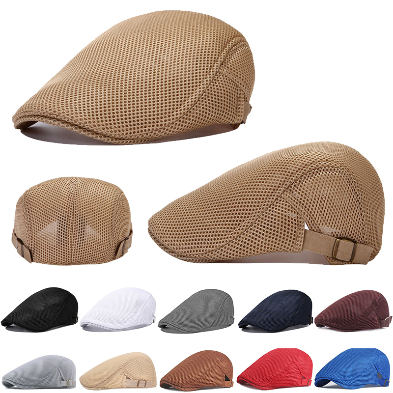 Unisex Summer Beret Hat Mesh Newsboy Cap, Golf Cabbie Driving Cap, Lightweight Short Sunhat Classic Fathers Hat